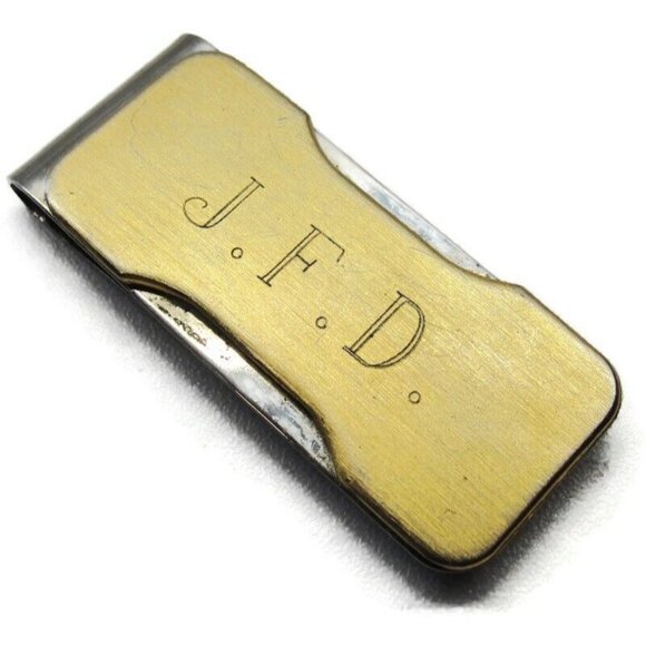 Monogrammed Money Clip Stainless Steel Gold Tone "J.F.D." Card Cash ID Holder - Picture 2 of 6